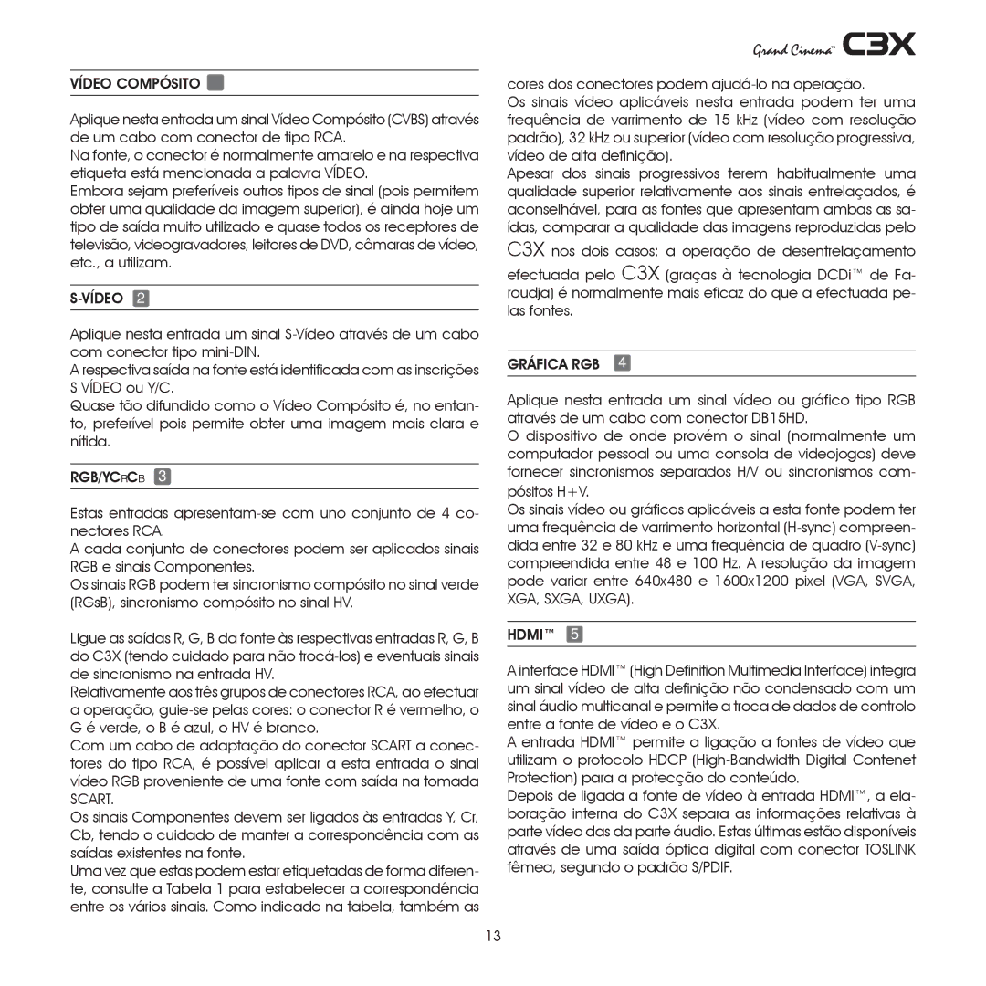 Sim2 Multimedia C3X manual Vídeo Compósito, Scart, Gráfica RGB, Hdmi 