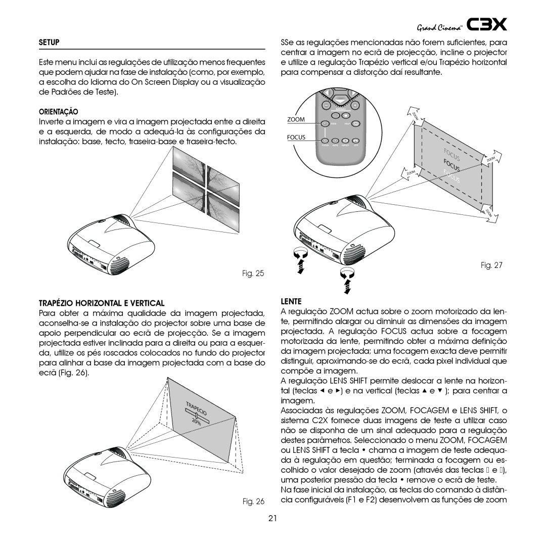 Sim2 Multimedia C3X manual Setup, Orientação, Trapézio Horizontal E Vertical, Lente 