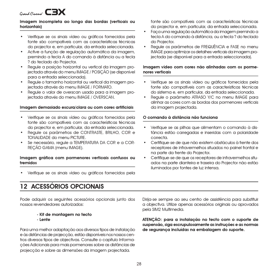 Sim2 Multimedia C3X manual Acessórios Opcionais 