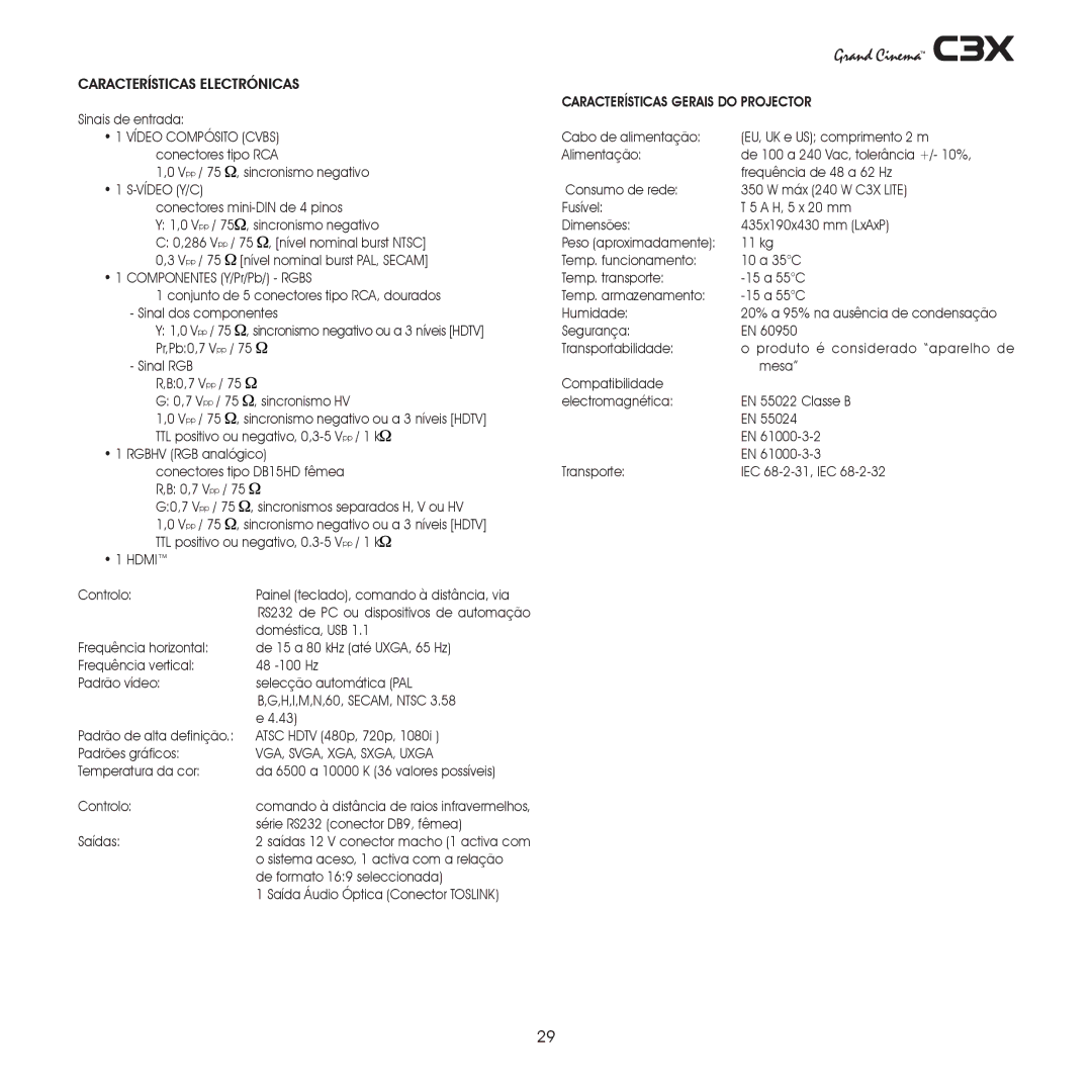 Sim2 Multimedia C3X manual Características Gerais do Projector 