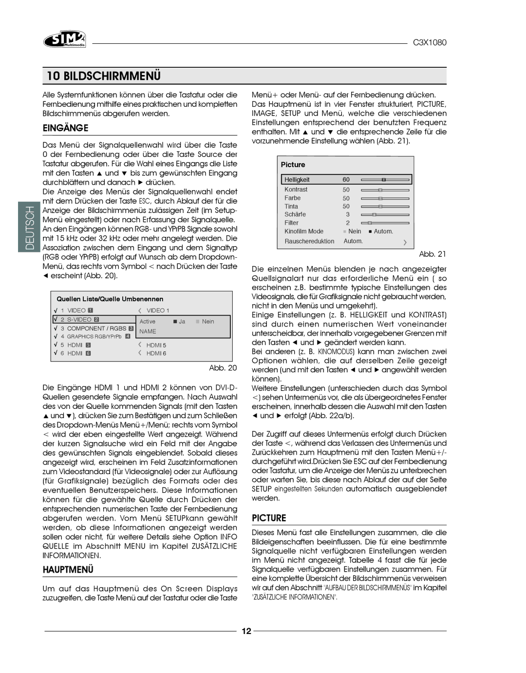 Sim2 Multimedia C3X1080 installation manual Bildschirmmenü, Eingänge, Hauptmenü, Picture, Zusätzliche Informationen 