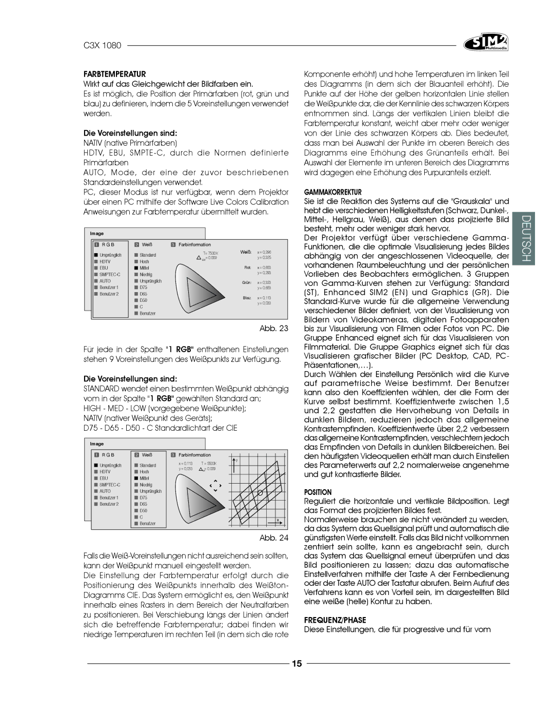 Sim2 Multimedia C3X1080 installation manual Farbtemperatur, Gammakorrektur, Der Projektor verfügt über verschiedene Gamma 