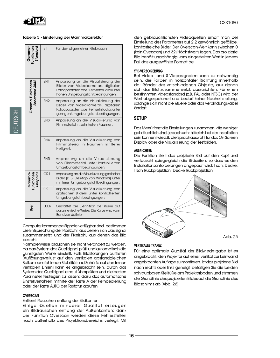 Sim2 Multimedia C3X1080 installation manual Setup, ST1, Overscan, Ausrichten, Vertikales Trapez 