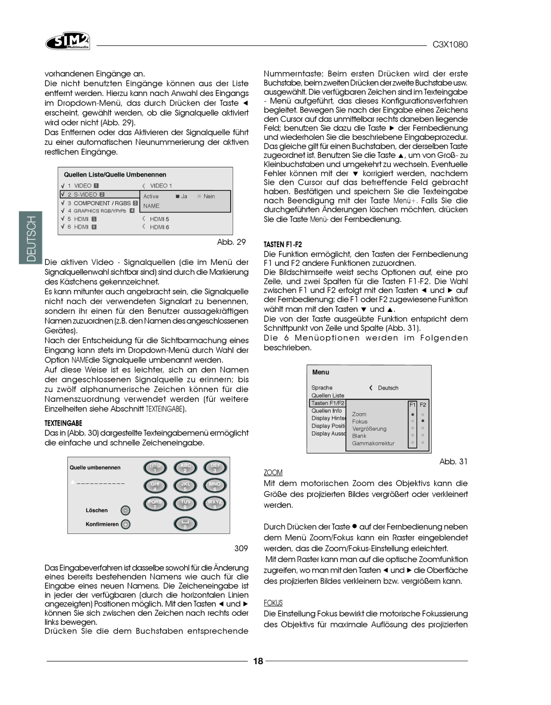 Sim2 Multimedia C3X1080 installation manual Tasten F1-F2, Fokus 