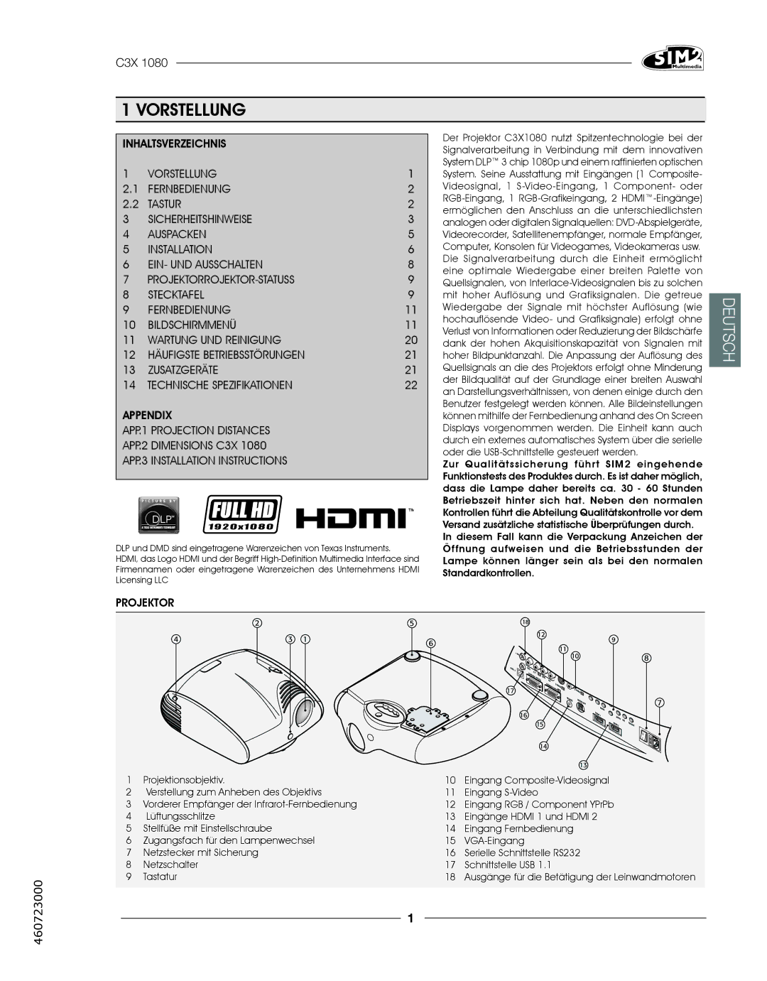 Sim2 Multimedia C3X1080 installation manual Vorstellung, Projektorrojektor-Statuss, Technische Spezifikationen 