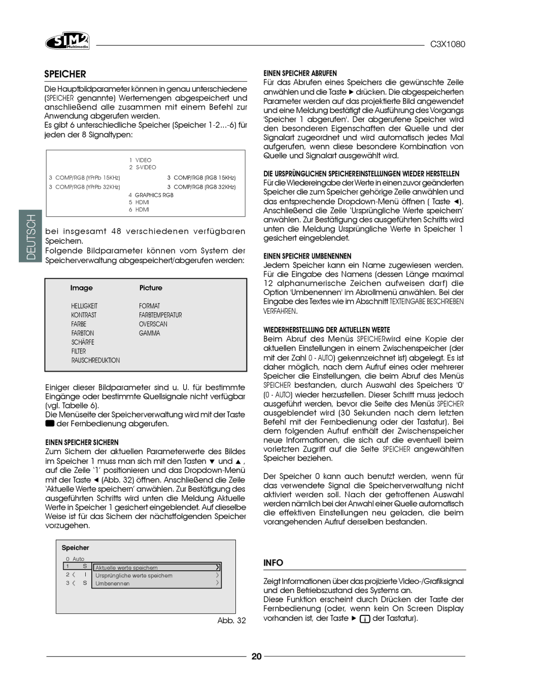 Sim2 Multimedia C3X1080 installation manual Bei insgesamt 48 verschiedenen verfügbaren, Einen Speicher abrufen 