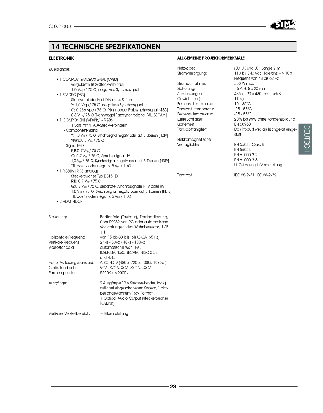 Sim2 Multimedia C3X1080 installation manual Technische Spezifikationen, Elektronik 