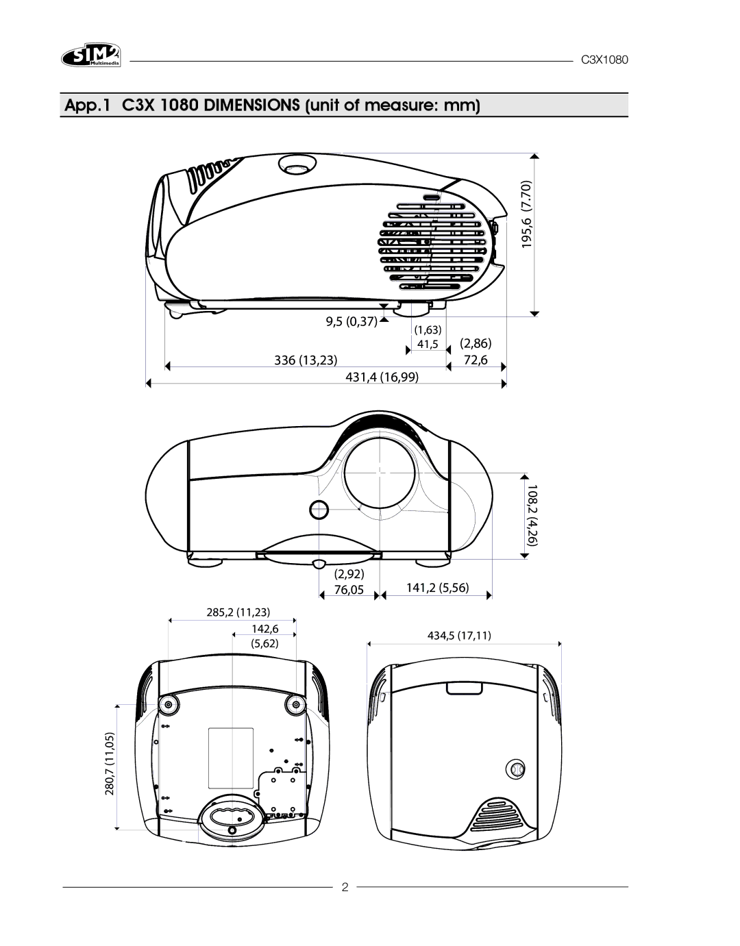 Sim2 Multimedia C3X1080 installation manual App.1 C3X 1080 Dimensions unit of measure mm, 108,2 4,26 