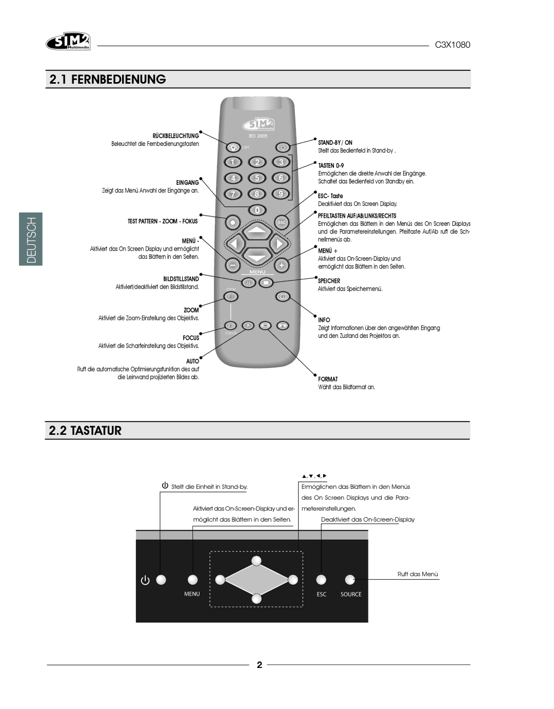 Sim2 Multimedia C3X1080 installation manual Fernbedienung, Tastatur 