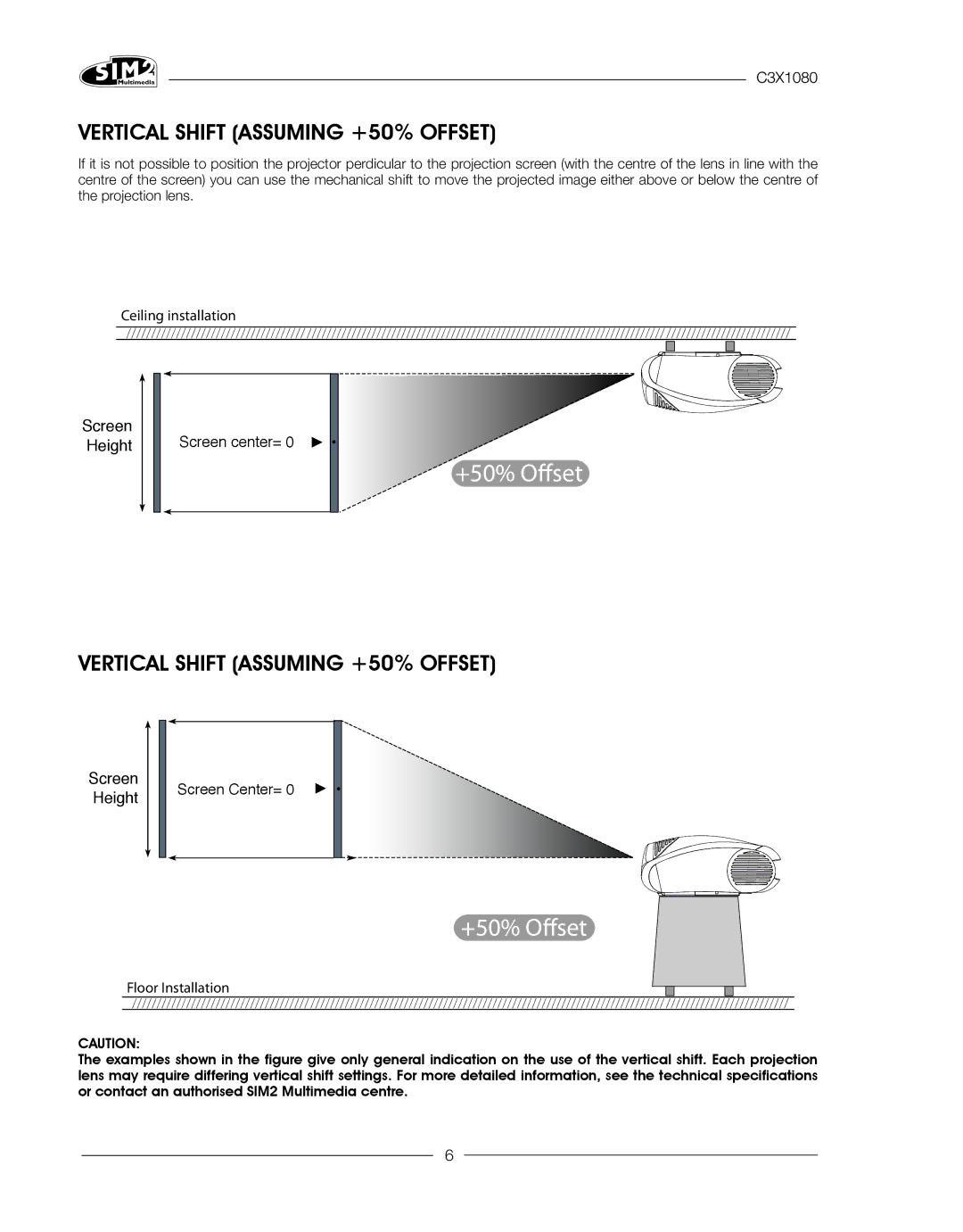 Sim2 Multimedia C3X1080 installation manual Vertical Shift Assuming +50% Offset 