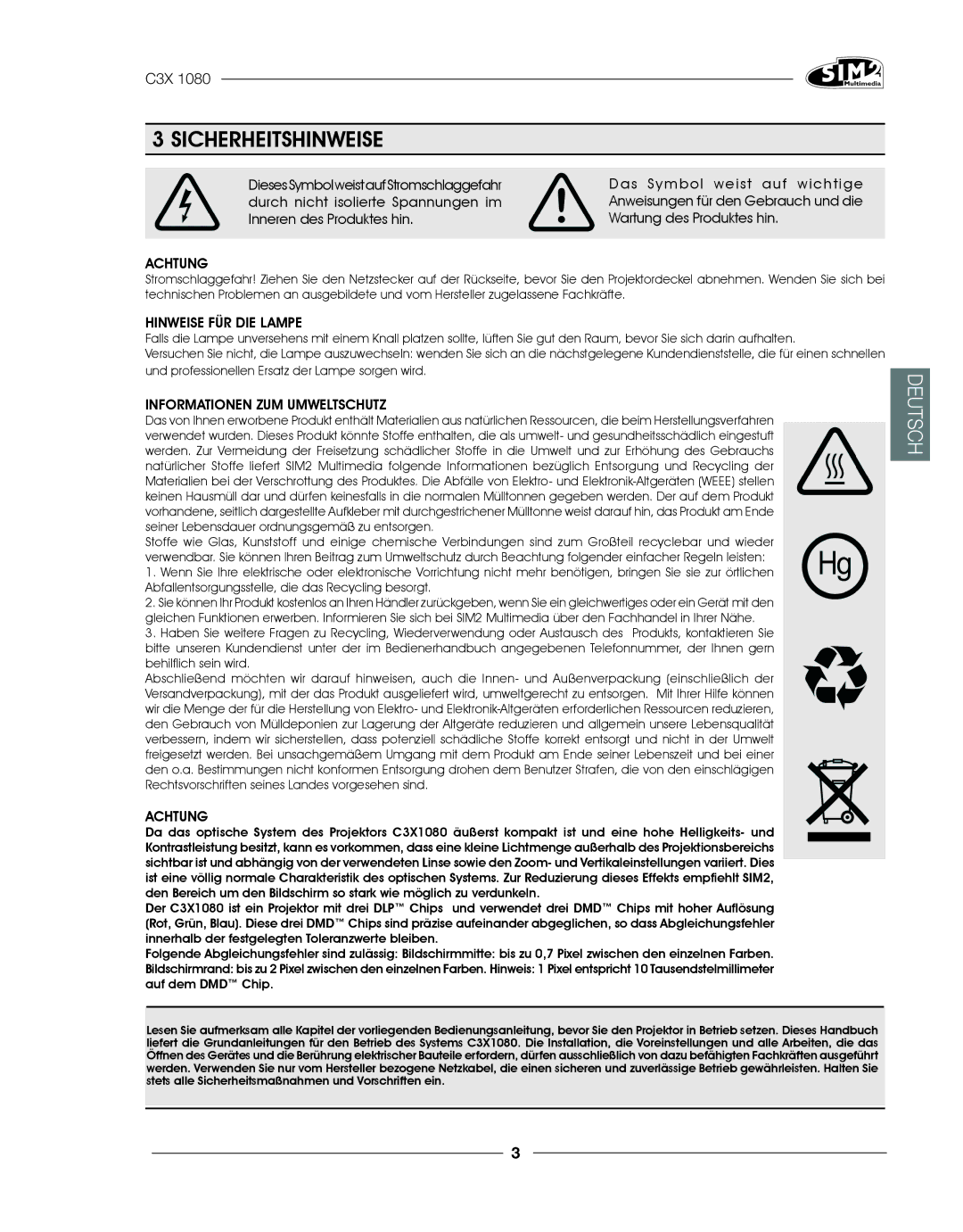 Sim2 Multimedia C3X1080 Sicherheitshinweise, Achtung, Hinweise FÜR DIE Lampe, Informationen ZUM Umweltschutz 