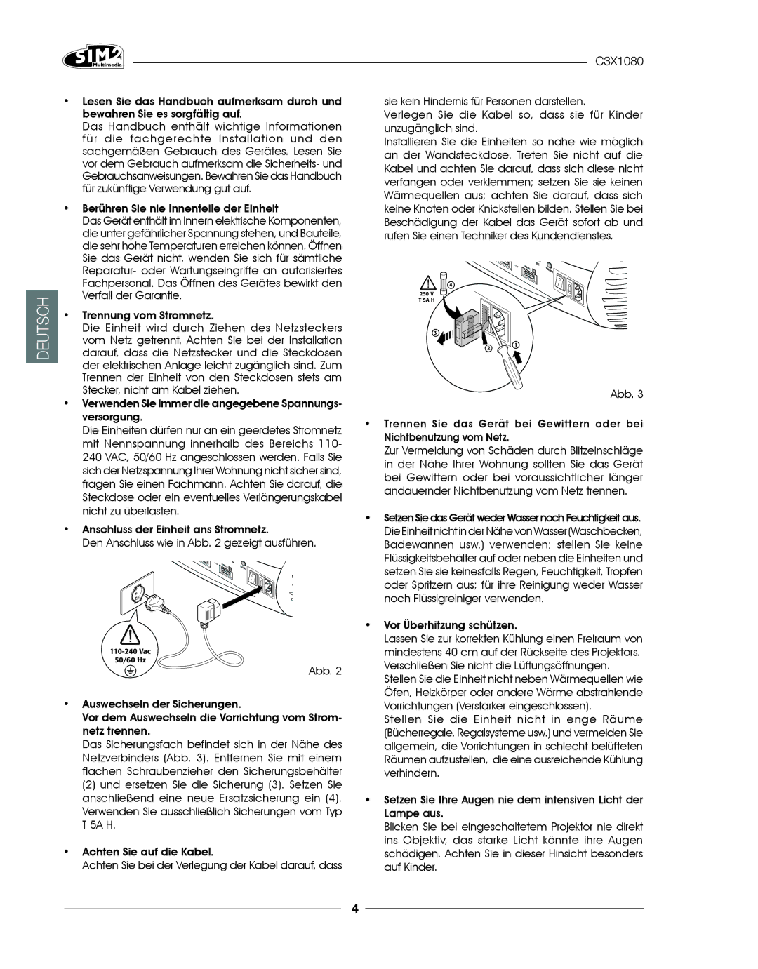 Sim2 Multimedia C3X1080 installation manual Vor Überhitzung schützen 