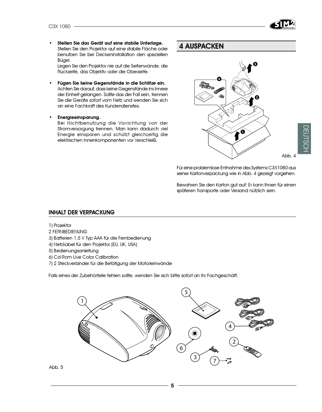 Sim2 Multimedia C3X1080 installation manual Auspacken, Inhalt DER Verpackung, Abb, Projektor 