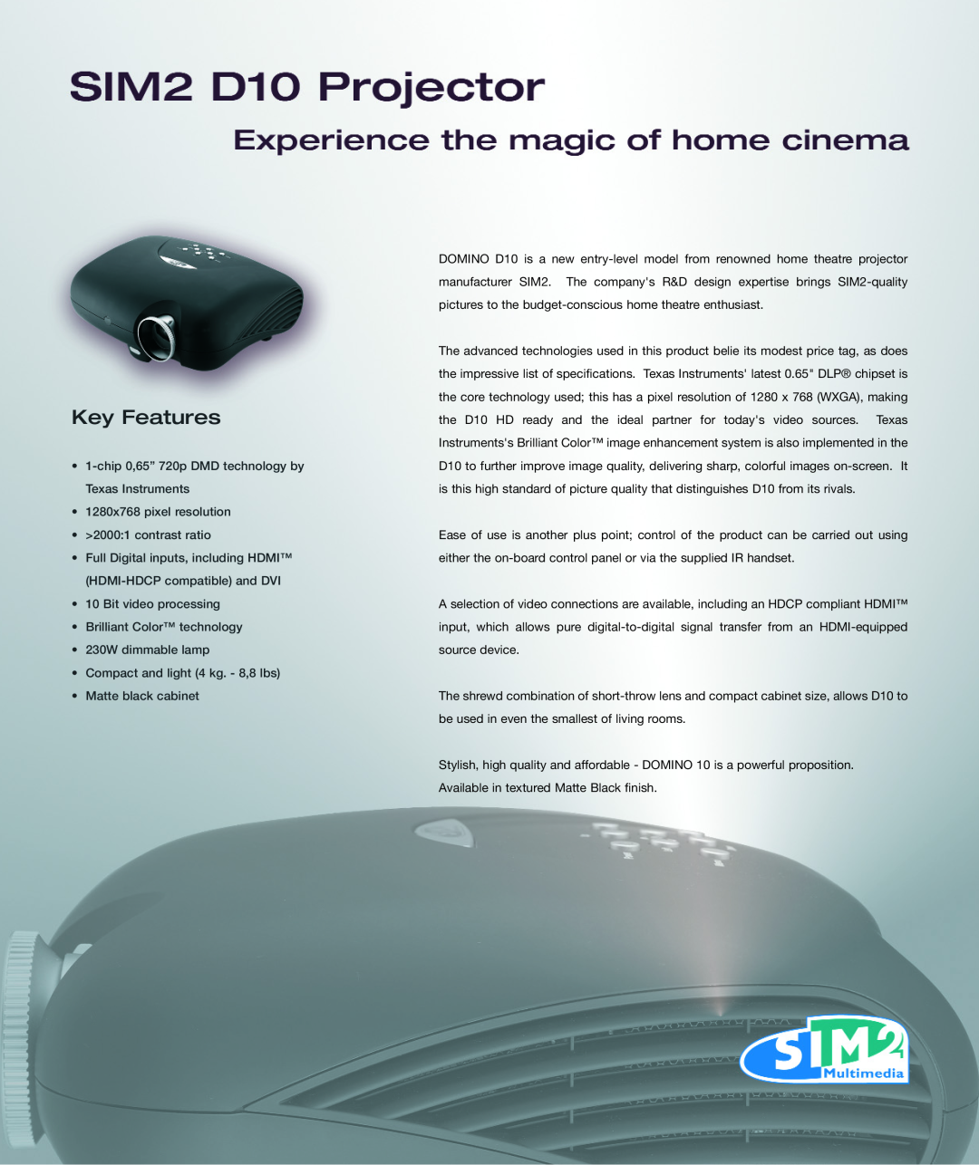 Sim2 Multimedia D10 manual Key Features 