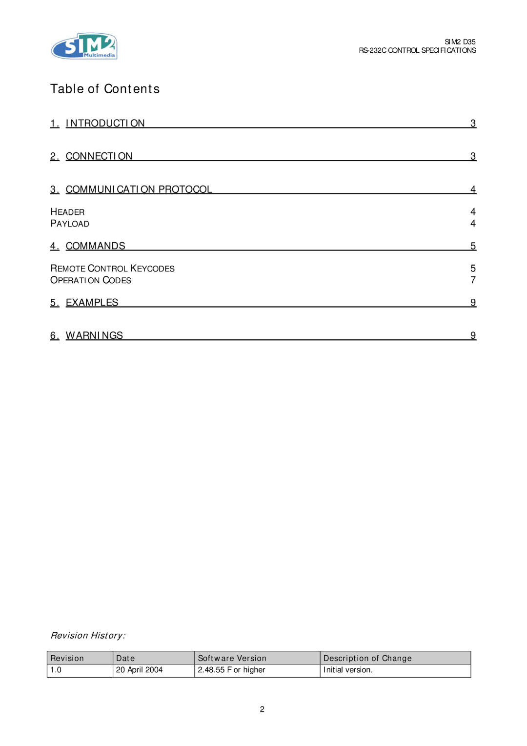 Sim2 Multimedia D35 specifications Table of Contents 