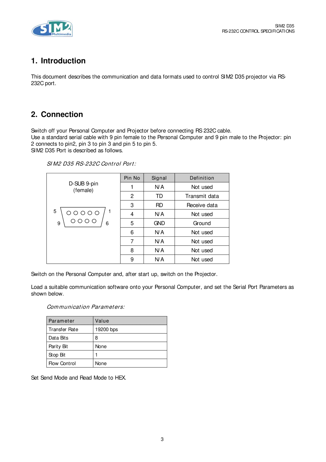 Sim2 Multimedia specifications Introduction, Connection, SIM2 D35 RS-232C Control Port, Communication Parameters 