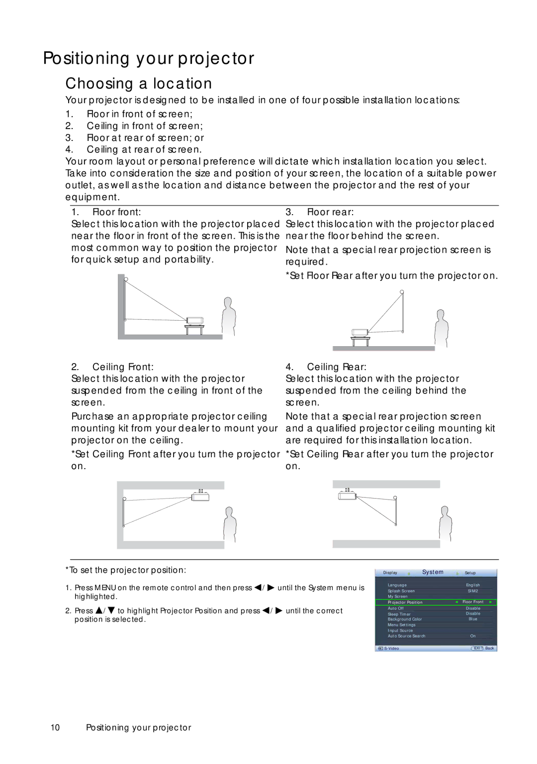 Sim2 Multimedia D60 user manual Positioning your projector, Choosing a location 