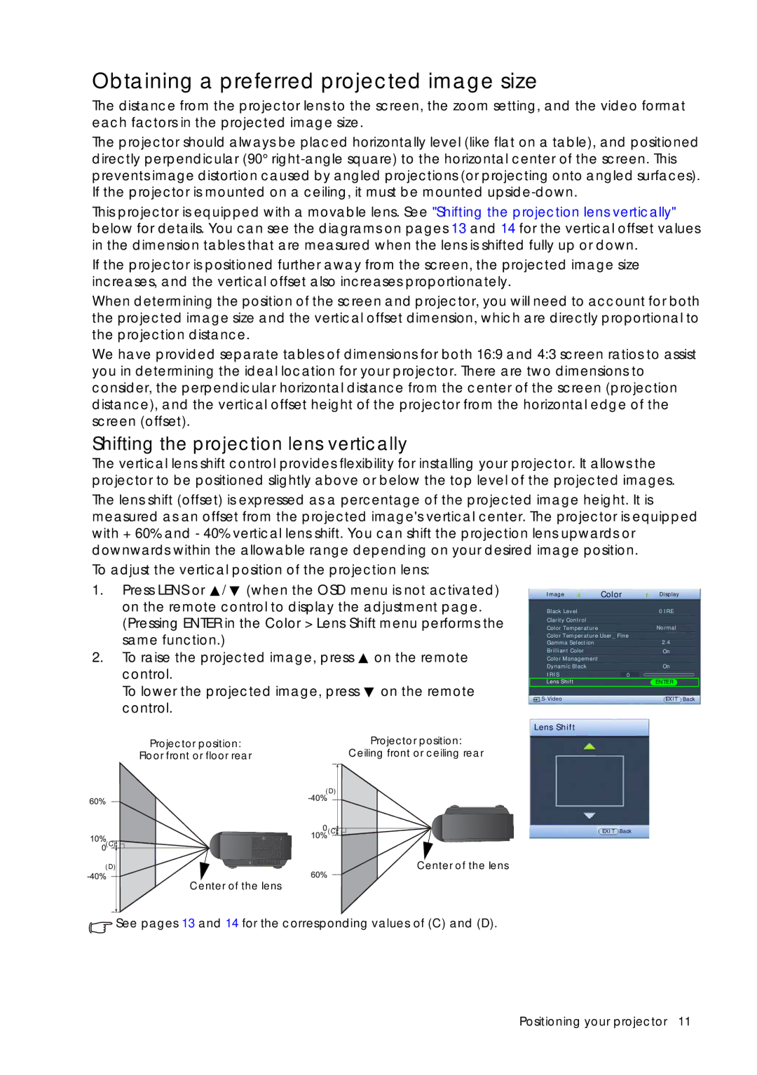 Sim2 Multimedia D60 user manual Obtaining a preferred projected image size, Shifting the projection lens vertically 