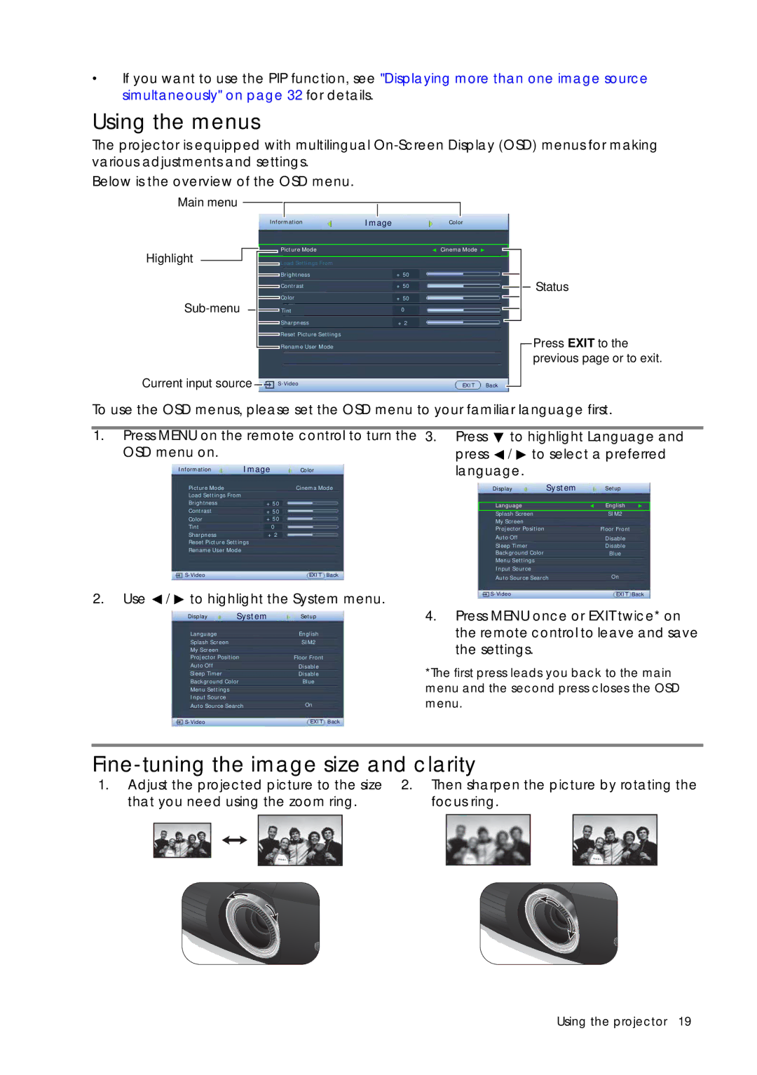 Sim2 Multimedia D60 user manual Using the menus, Fine-tuning the image size and clarity 