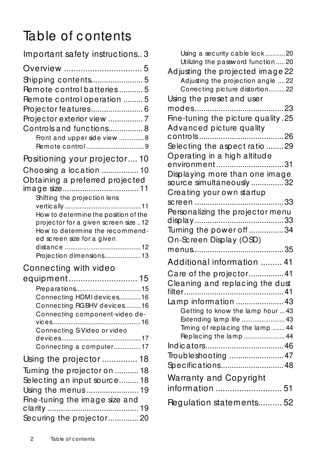 Sim2 Multimedia D60 user manual Table of contents 