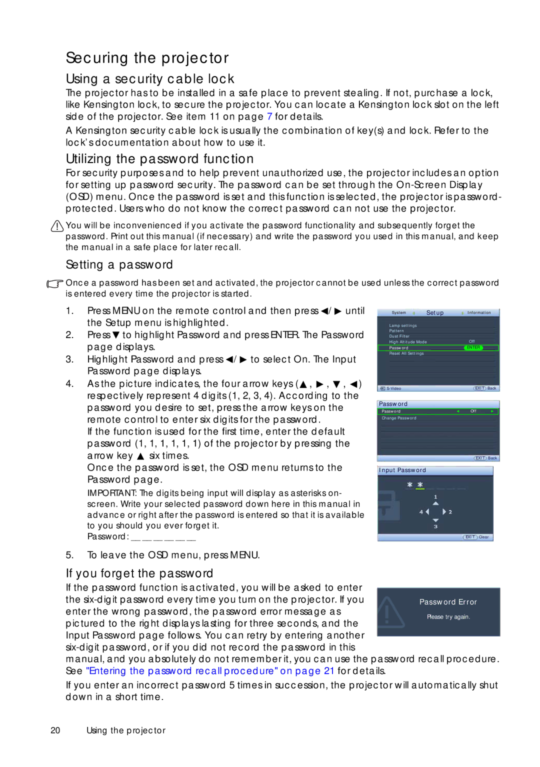 Sim2 Multimedia D60 user manual Securing the projector, Using a security cable lock, Utilizing the password function 