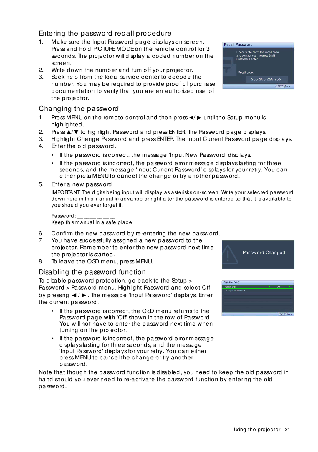 Sim2 Multimedia D60 Entering the password recall procedure, Changing the password, Disabling the password function 