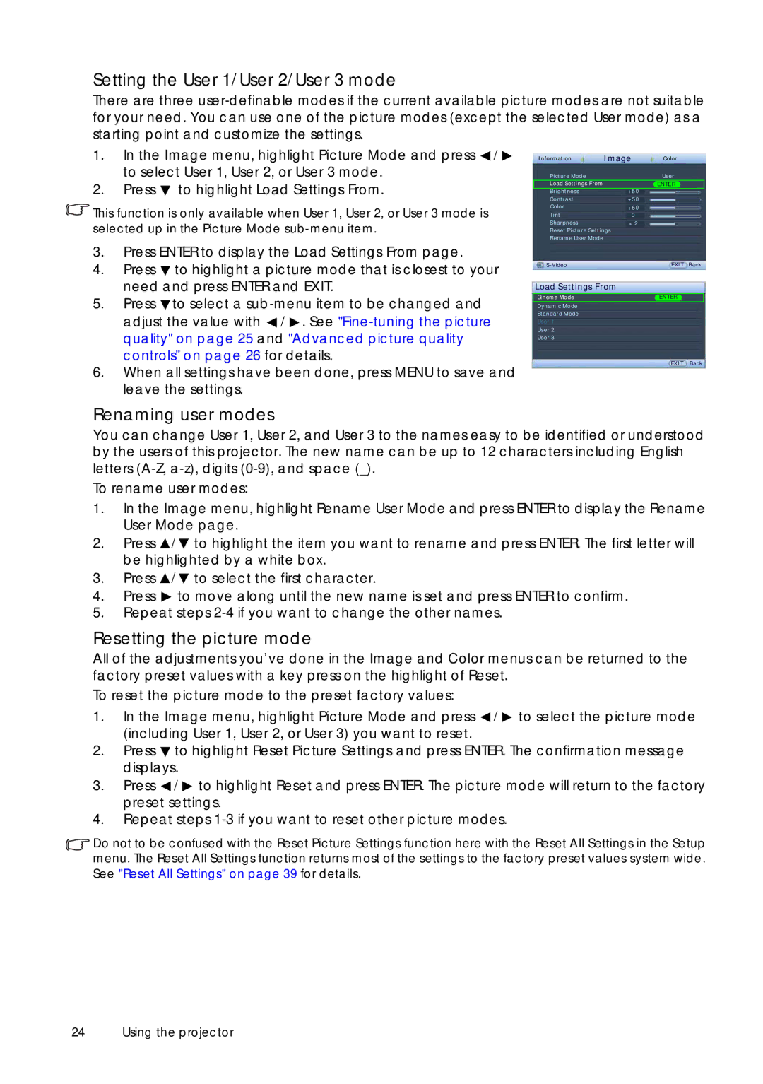 Sim2 Multimedia D60 user manual Setting the User 1/User 2/User 3 mode, Renaming user modes, Resetting the picture mode 