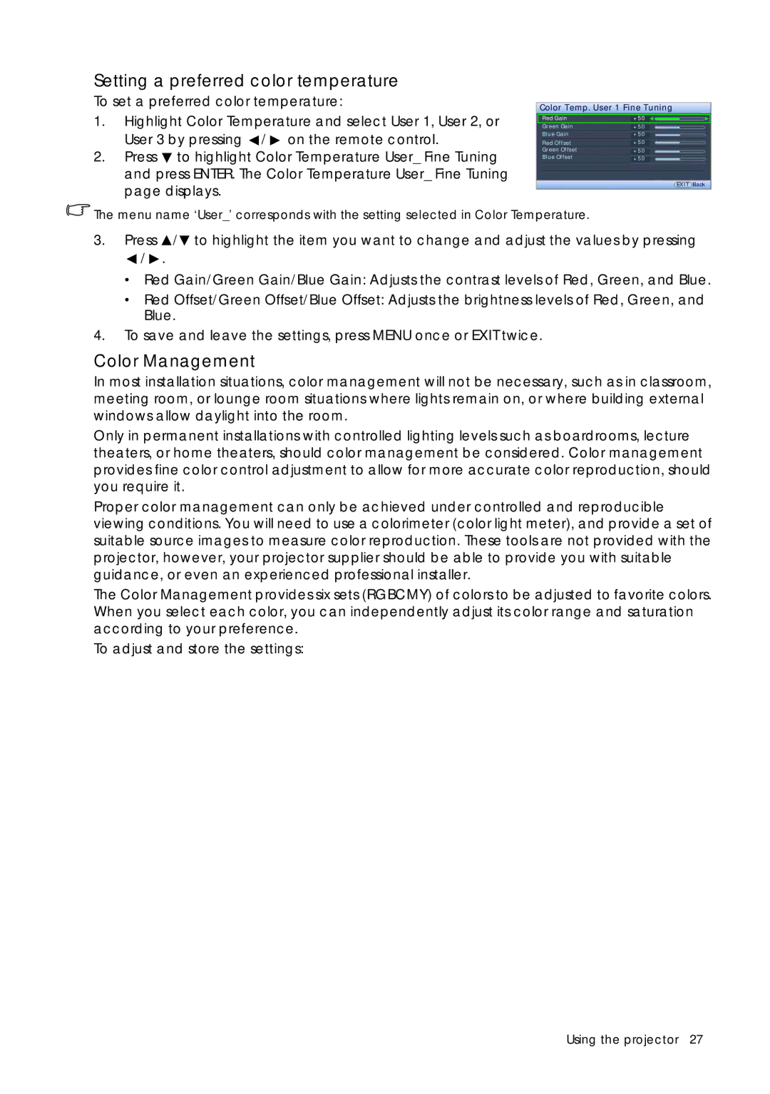 Sim2 Multimedia D60 user manual Setting a preferred color temperature, Color Management 