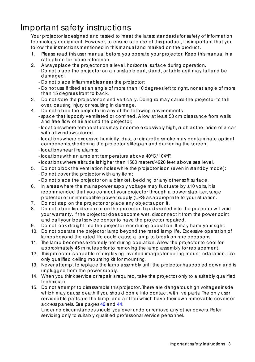 Sim2 Multimedia D60 user manual Important safety instructions 