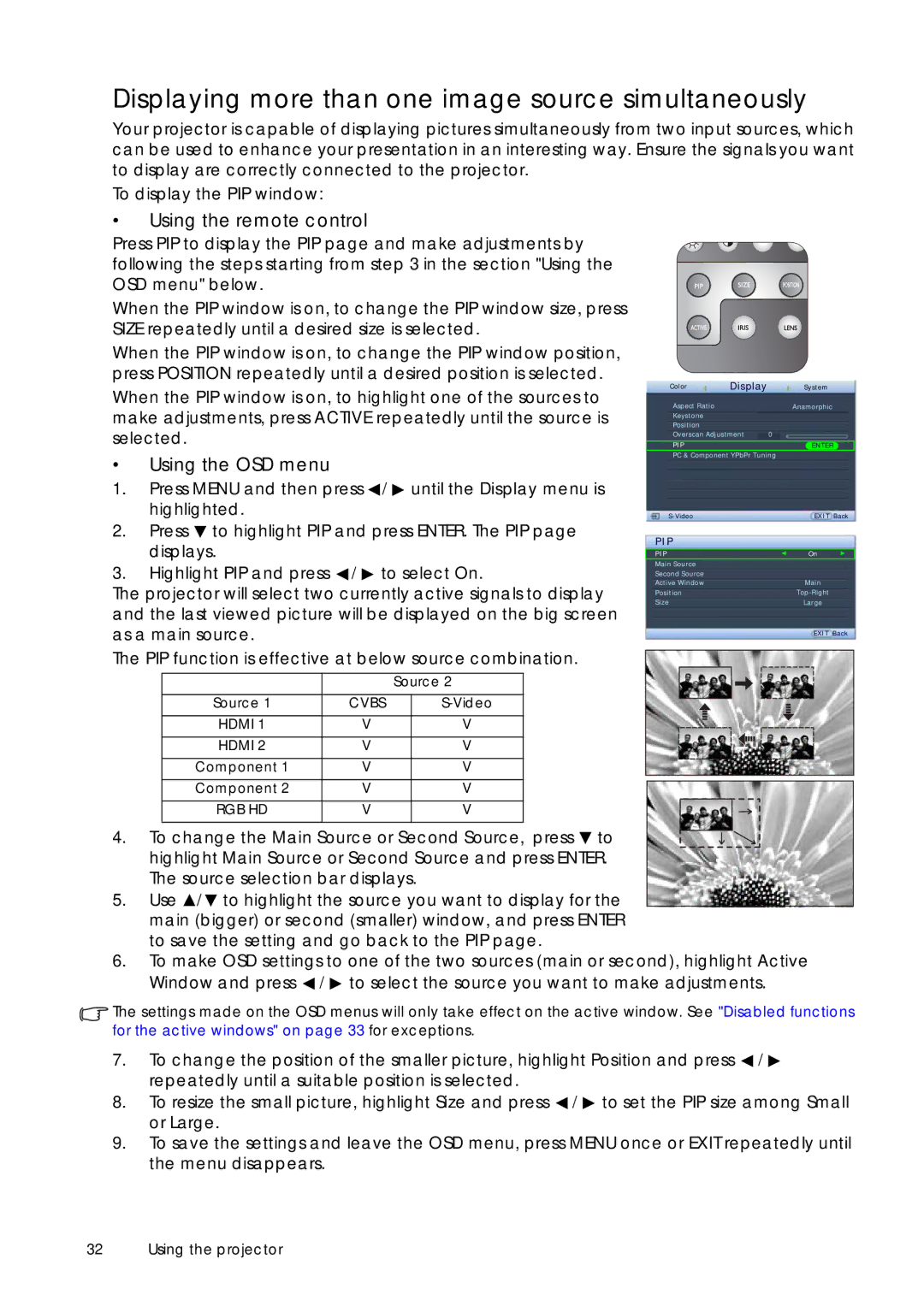 Sim2 Multimedia D60 user manual Displaying more than one image source simultaneously, Rgb Hd 