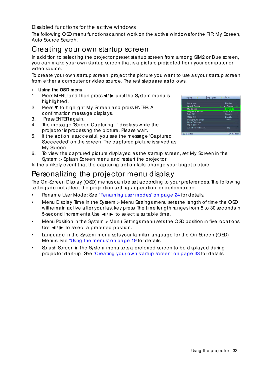 Sim2 Multimedia D60 user manual Creating your own startup screen, Personalizing the projector menu display, My Screen 