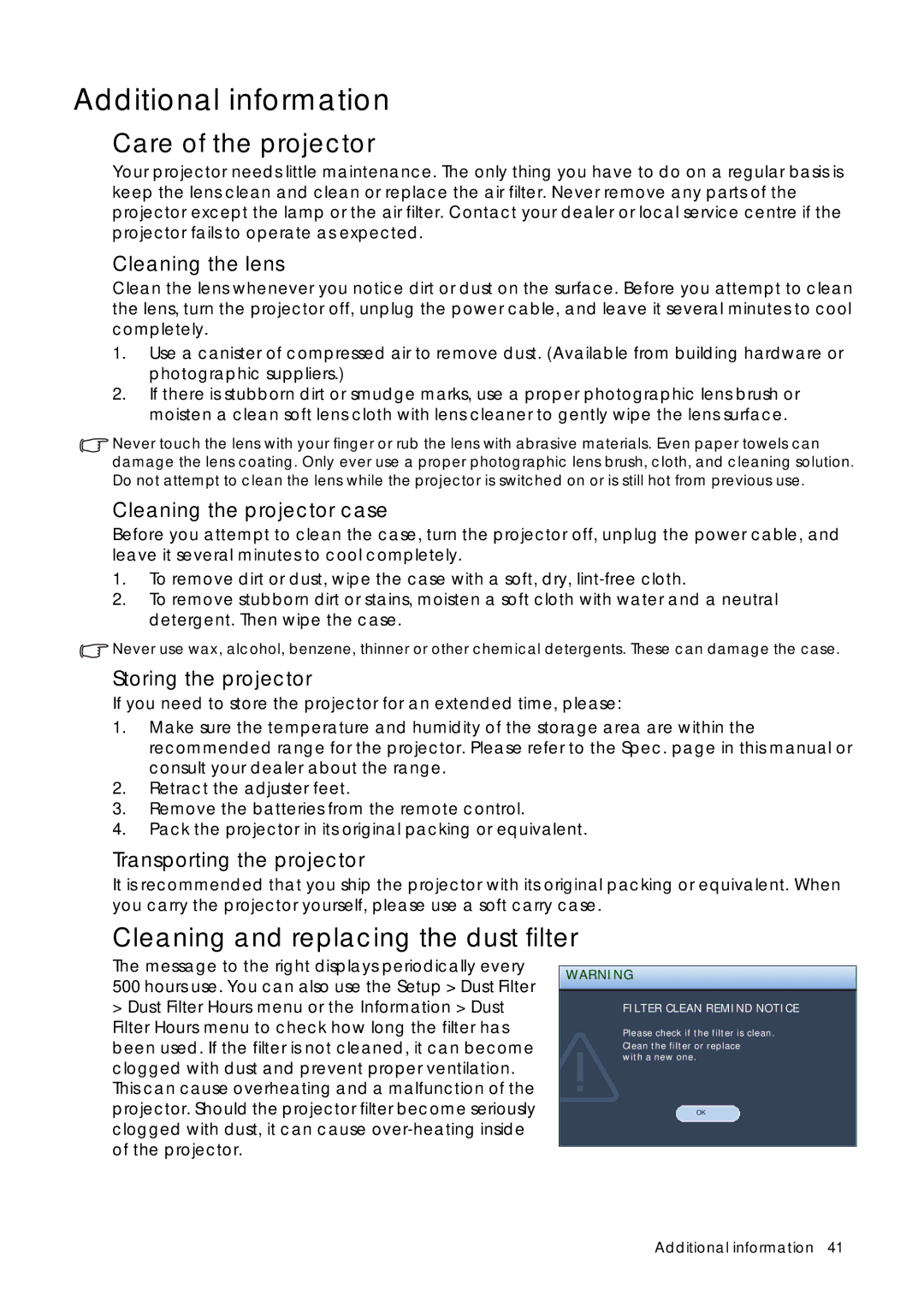 Sim2 Multimedia D60 user manual Additional information, Care of the projector, Cleaning and replacing the dust filter 