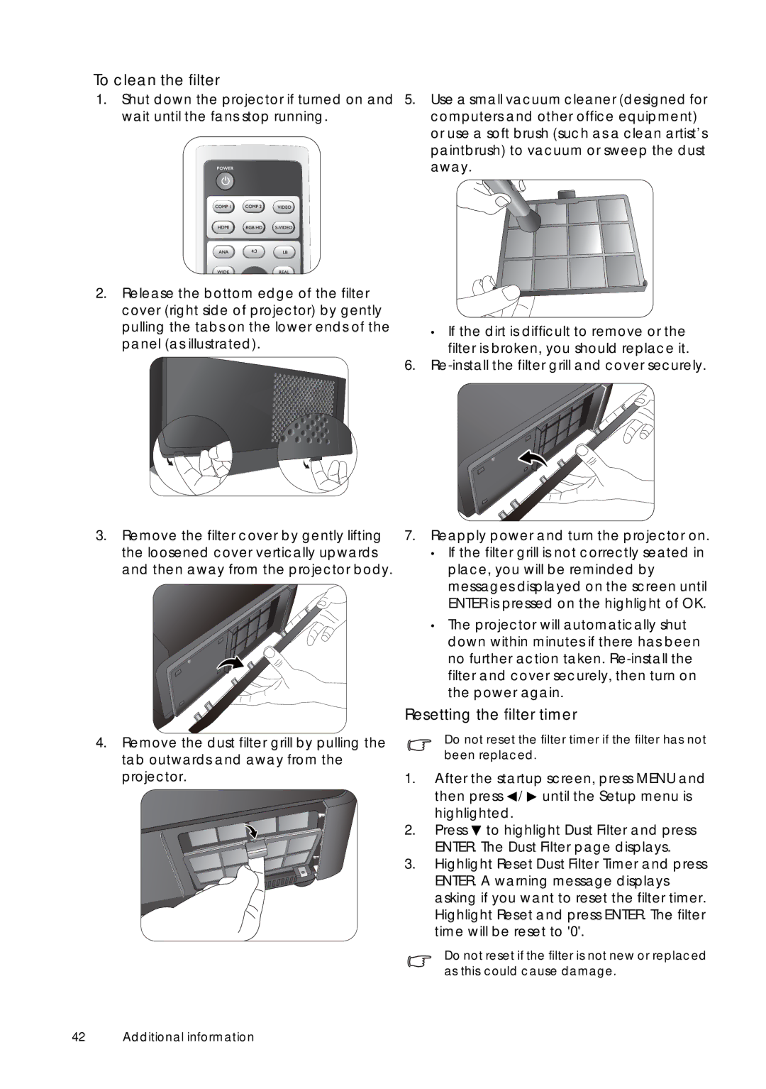 Sim2 Multimedia D60 user manual To clean the filter, Resetting the filter timer 