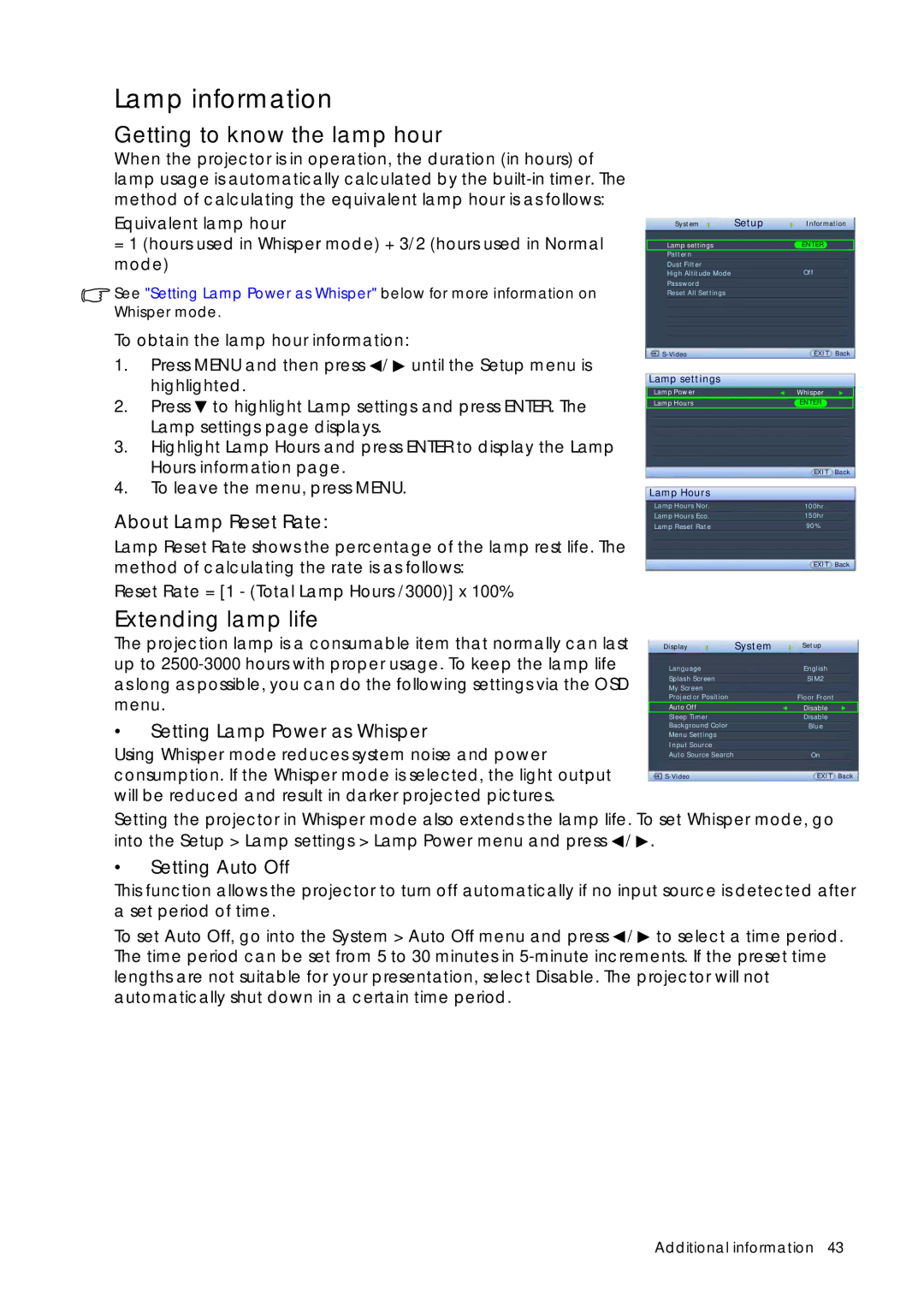 Sim2 Multimedia D60 user manual Lamp information, Getting to know the lamp hour, Extending lamp life 