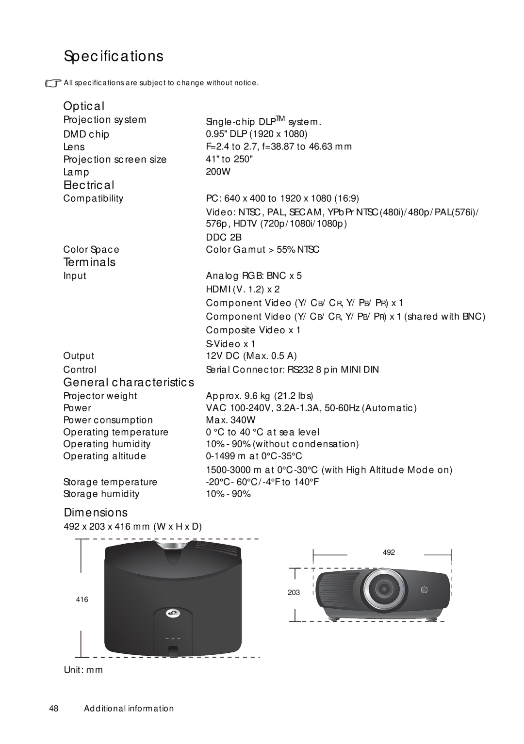 Sim2 Multimedia D60 user manual Specifications 