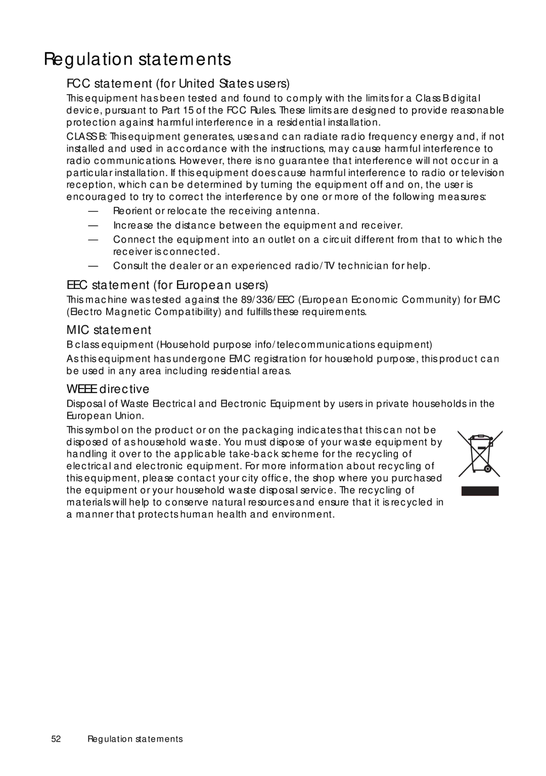 Sim2 Multimedia D60 Regulation statements, FCC statement for United States users, EEC statement for European users 