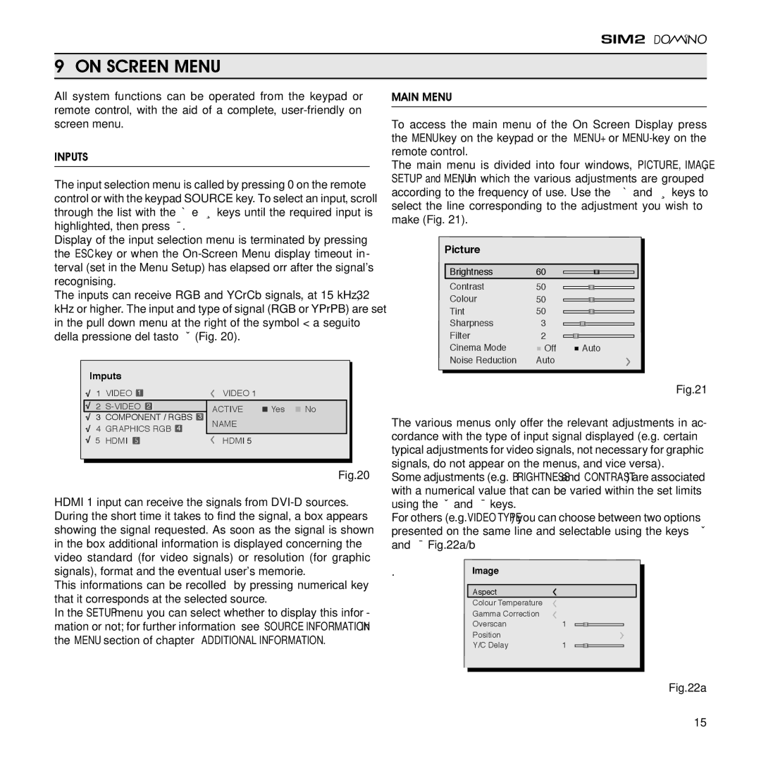 Sim2 Multimedia D80 installation manual On Screen Menu, Inputs, Main Menu 