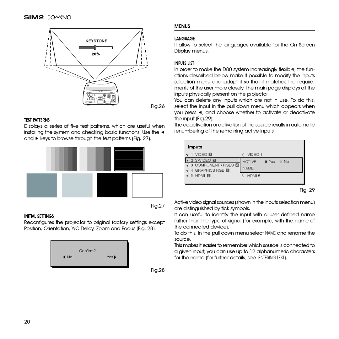 Sim2 Multimedia D80 installation manual Test Patterns, Initial Settings, Menus Language, Inputs List 