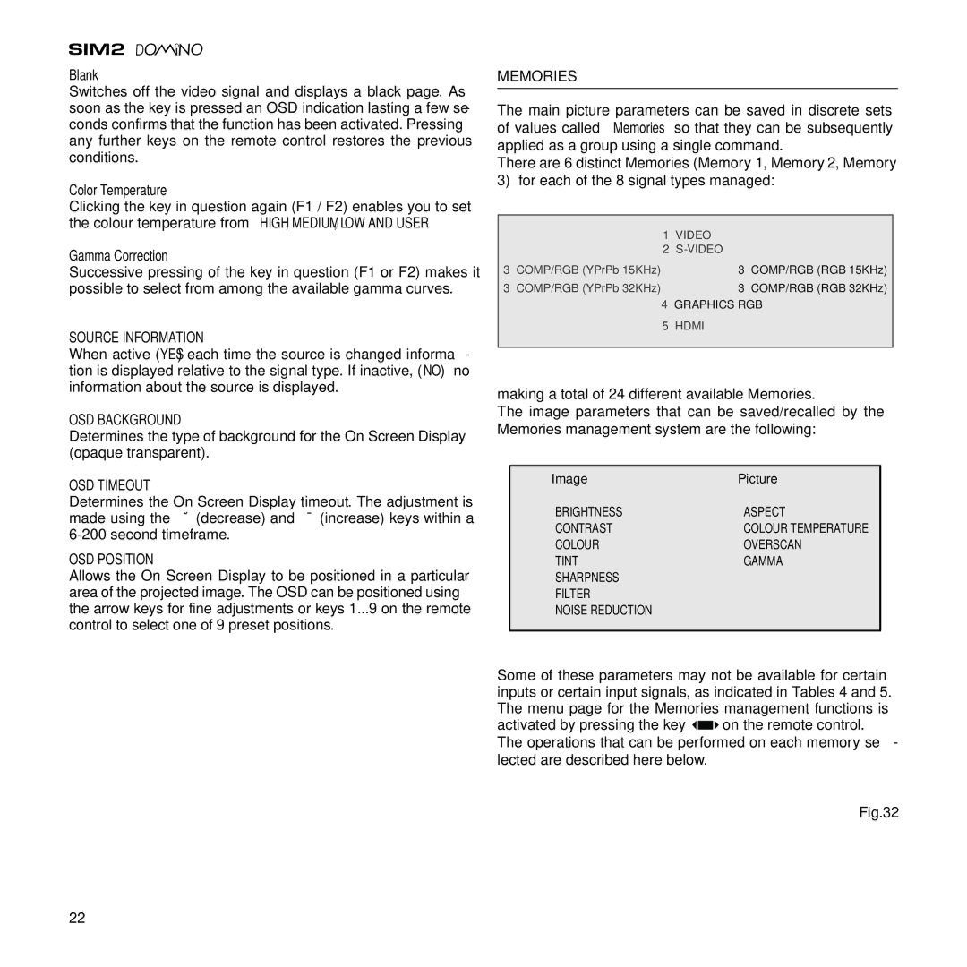 Sim2 Multimedia D80 installation manual Source Information, OSD Timeout, Memories 