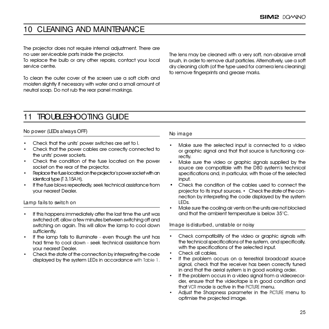 Sim2 Multimedia D80 installation manual Cleaning and Maintenance, Troubleshooting Guide 