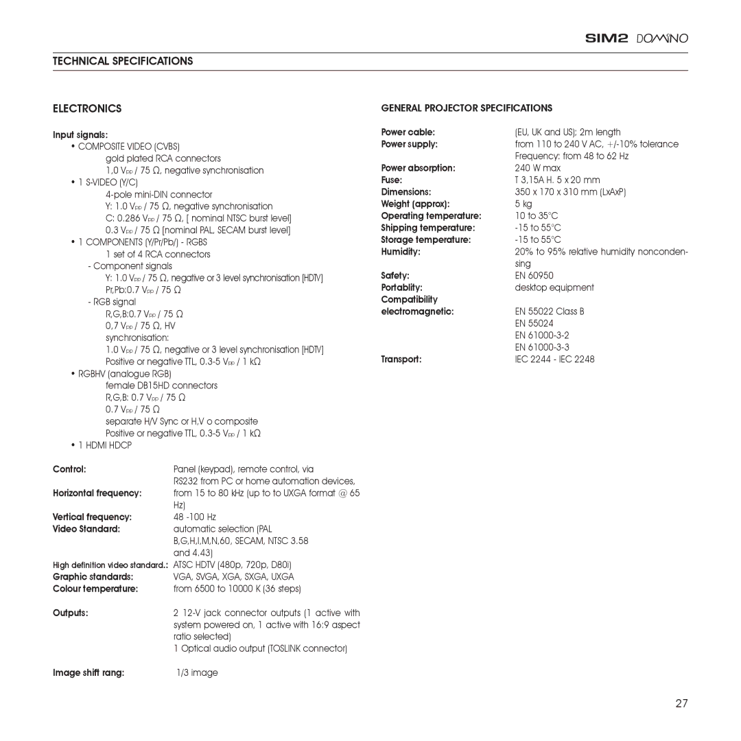 Sim2 Multimedia D80 installation manual Technical Specifications Electronics, Composite Video Cvbs 