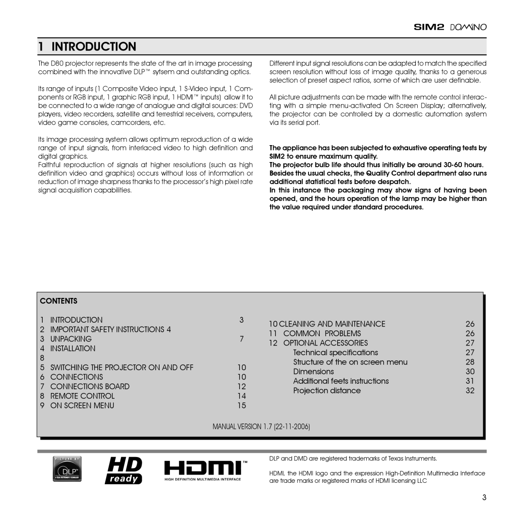 Sim2 Multimedia D80 installation manual Introduction, Connections Board, Remote Control On Screen Menu 