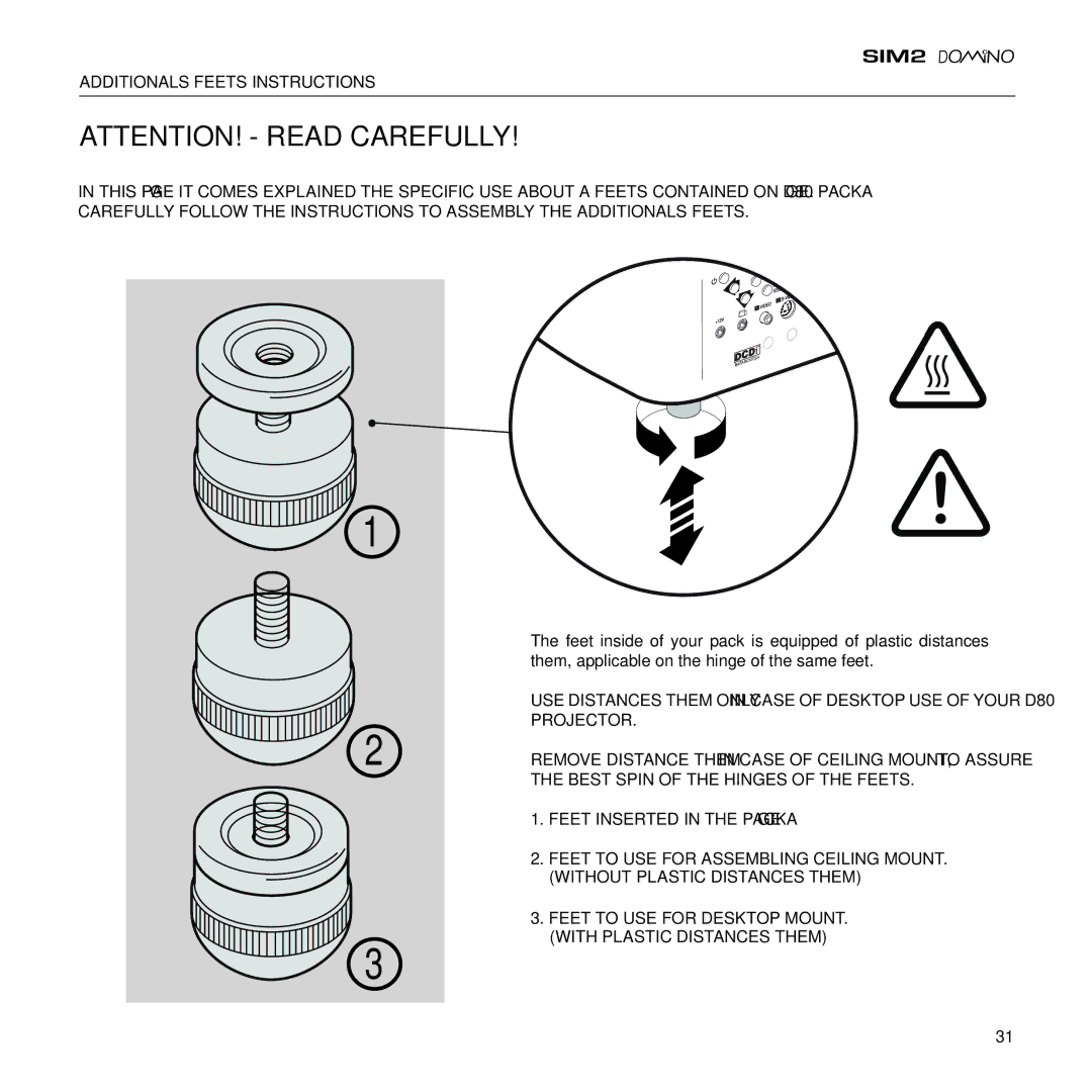 Sim2 Multimedia D80 installation manual Additionals Feets Instructions, Feet Inserted in the Package 