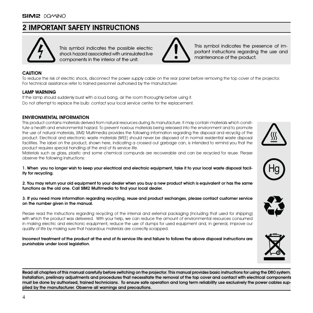 Sim2 Multimedia D80 installation manual Important Safety Instructions, Lamp Warning, Environmental Information 