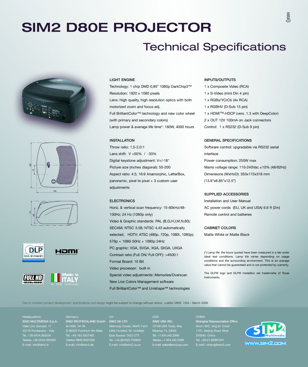 Sim2 Multimedia D80E Ifdeq=bkdfkb FkmrqpLlrqmrqp, =ñ=`çãéçëáíÉ=sáÇÉç=Eo`F, =ñ=odëLv`ê`Ä=EQñ=o`F, ~ííÉ=tÜáíÉ=çê=j~ííÉ=ä~Åâ 