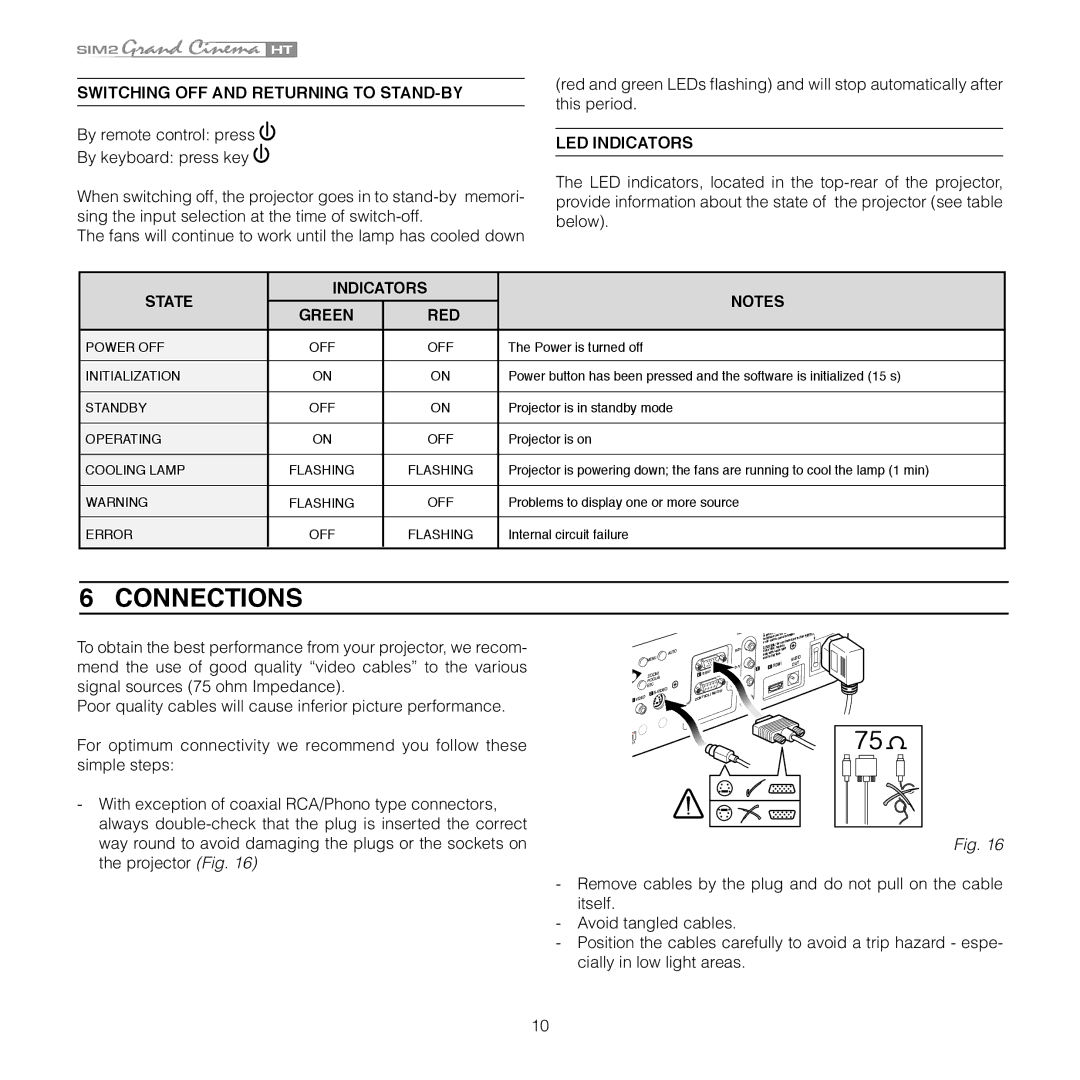 Sim2 Multimedia HT 280E, HT 300E installation manual Connections, Switching OFF and Returning to STAND-BY, LED Indicators 