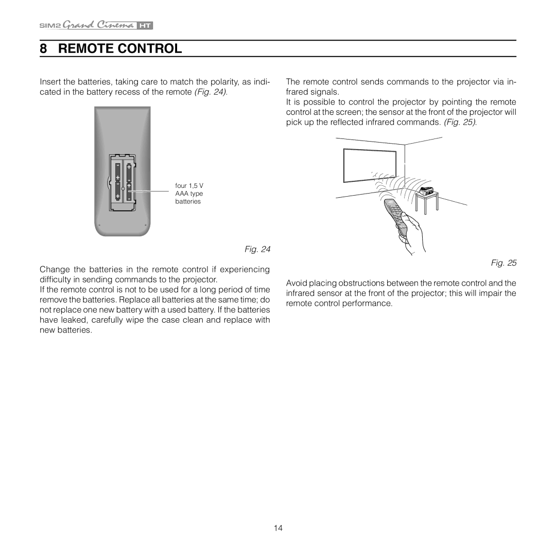 Sim2 Multimedia HT 280E, HT 300E installation manual Remote Control 