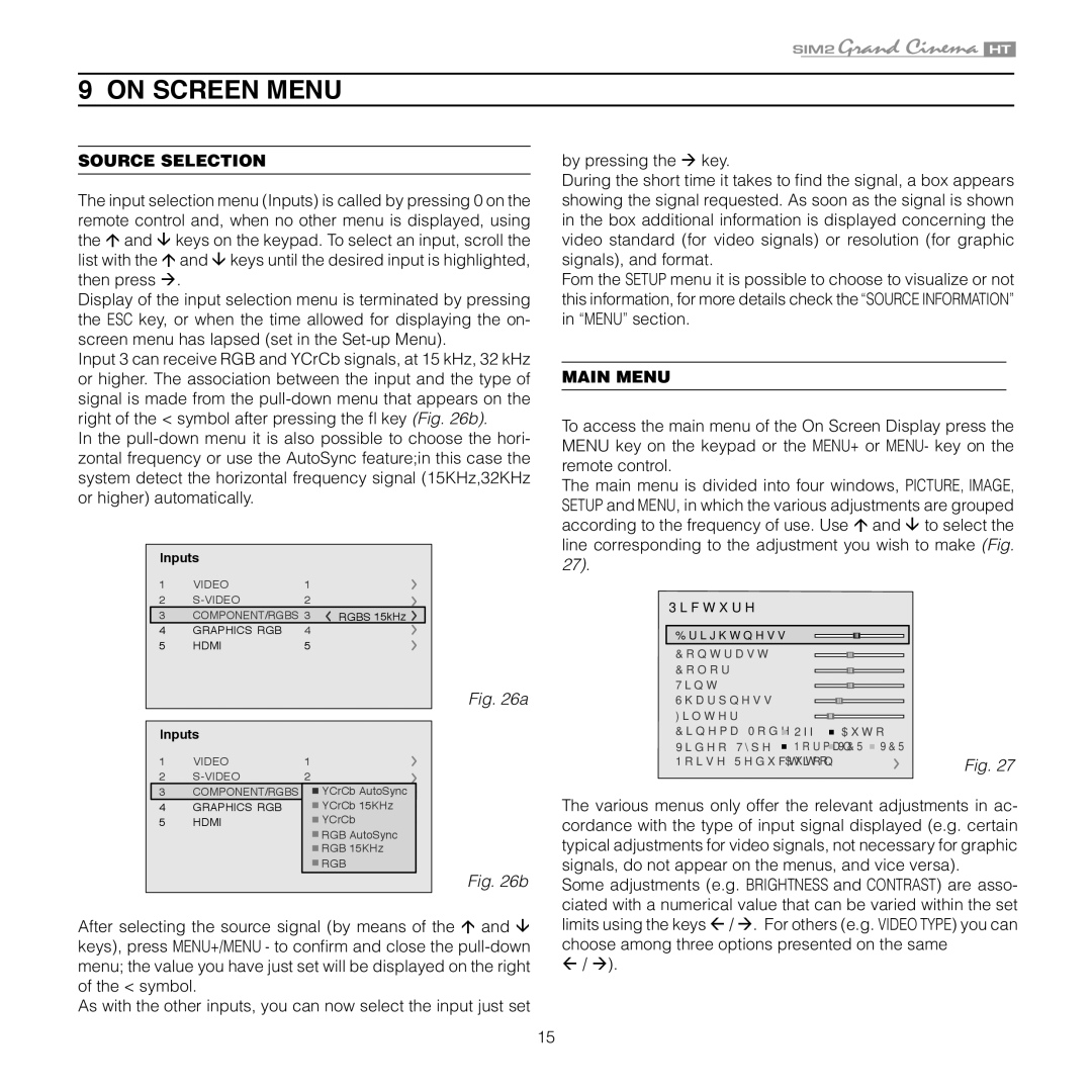 Sim2 Multimedia HT 300E, HT 280E installation manual On Screen Menu, Source Selection, Main Menu 