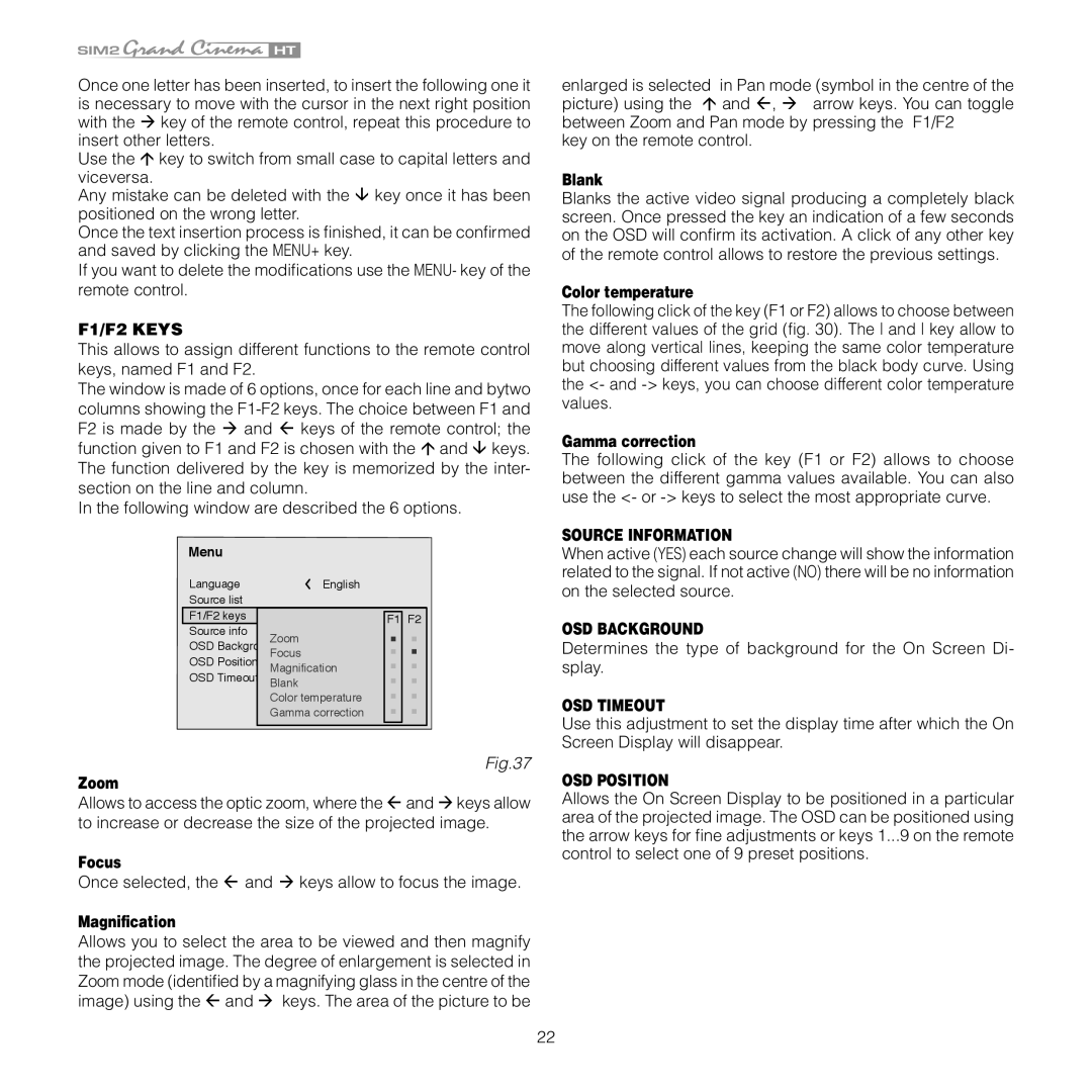 Sim2 Multimedia HT 280E, HT 300E F1/F2 Keys, Source Information, OSD Background, OSD Timeout, OSD Position 