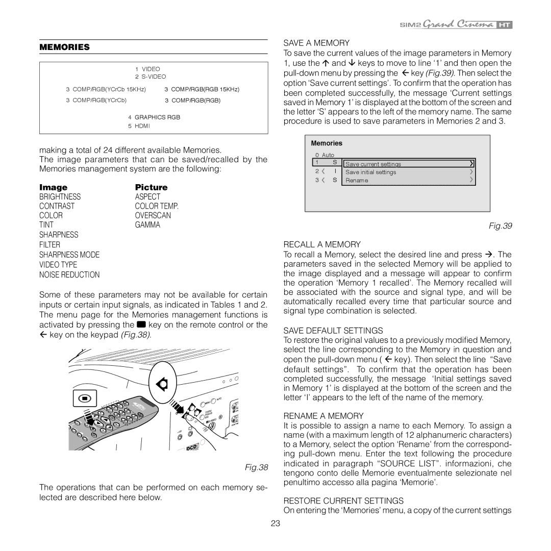 Sim2 Multimedia HT 300E, HT 280E installation manual Memories, Image Picture 